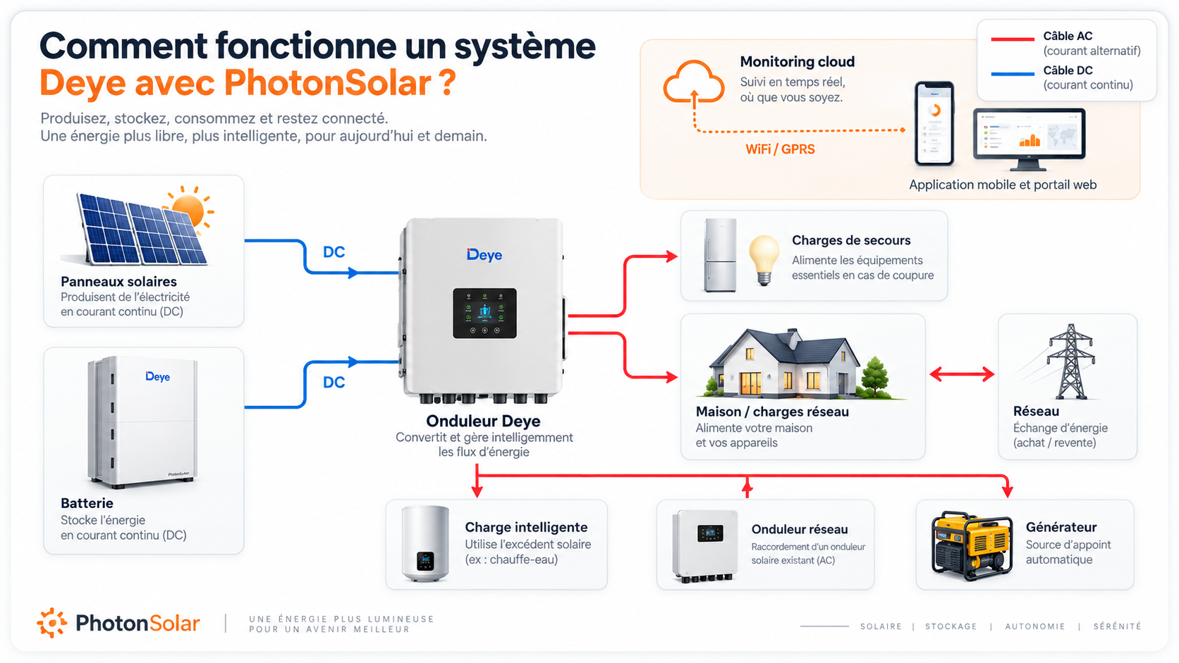 Schéma de fonctionnement d’un système photovoltaïque avec onduleur Deye, batterie et réseau