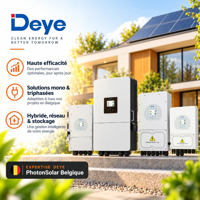 Gamme d’onduleurs Deye hybrides monophasés et triphasés distribués par PhotonSolar en Belgique