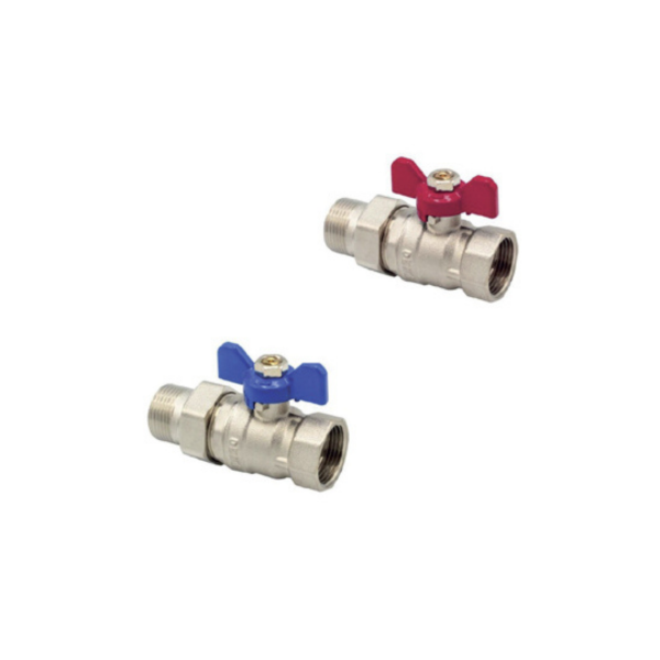 Vanne à bille papillon avec raccord union FF/MF - 1/2" / 4/4″ - Bleu / Rouge